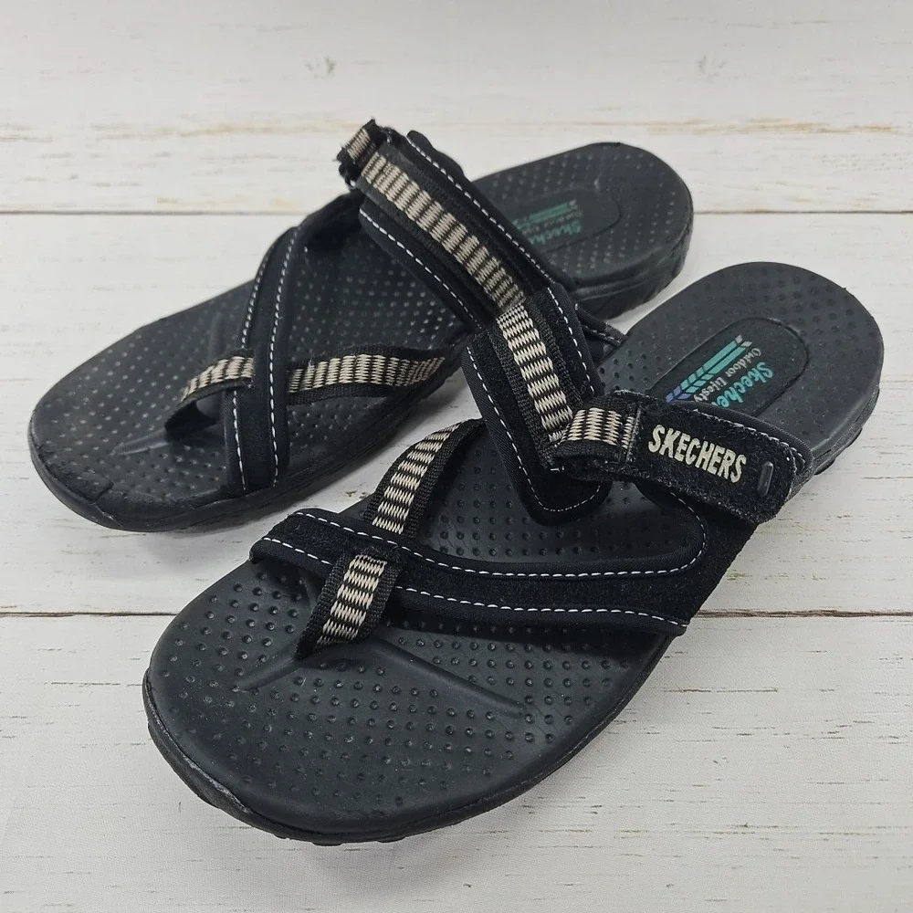 Skechers Reggae Rasta Women 8 Black Tan Flip Flop Thong Sandals Slip On Comfort